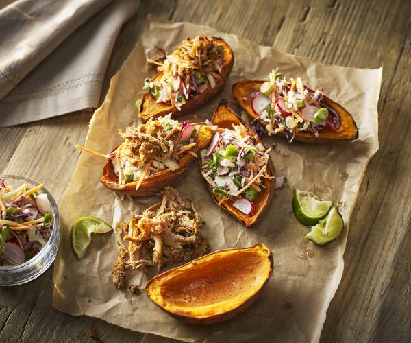 Pulled pork & coleslaw sweet potato skins